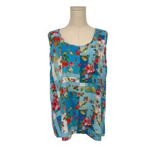 Vintage Y2K Tolani Collection Tank Top, Blue and Floral Check Print, Size M